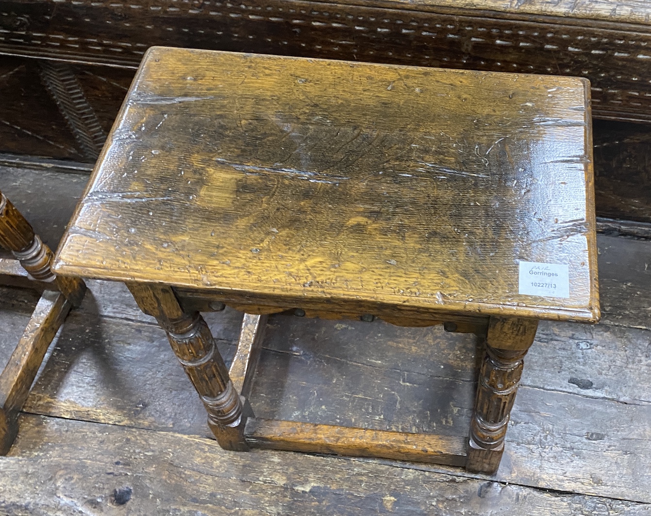 A pair of 17th century style rectangular carved oak joint stools, width 46cm, depth 28cm, height 47cm
